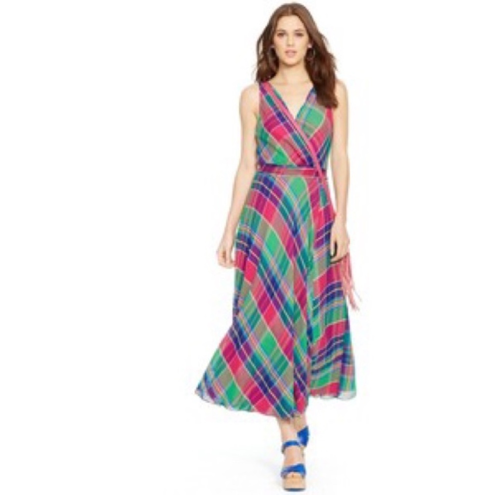 Polo Ralph Lauren Size 8 Sleeveless Fit & Flare Long Madras Wrap Cotton Dress - Picture 2 of 12